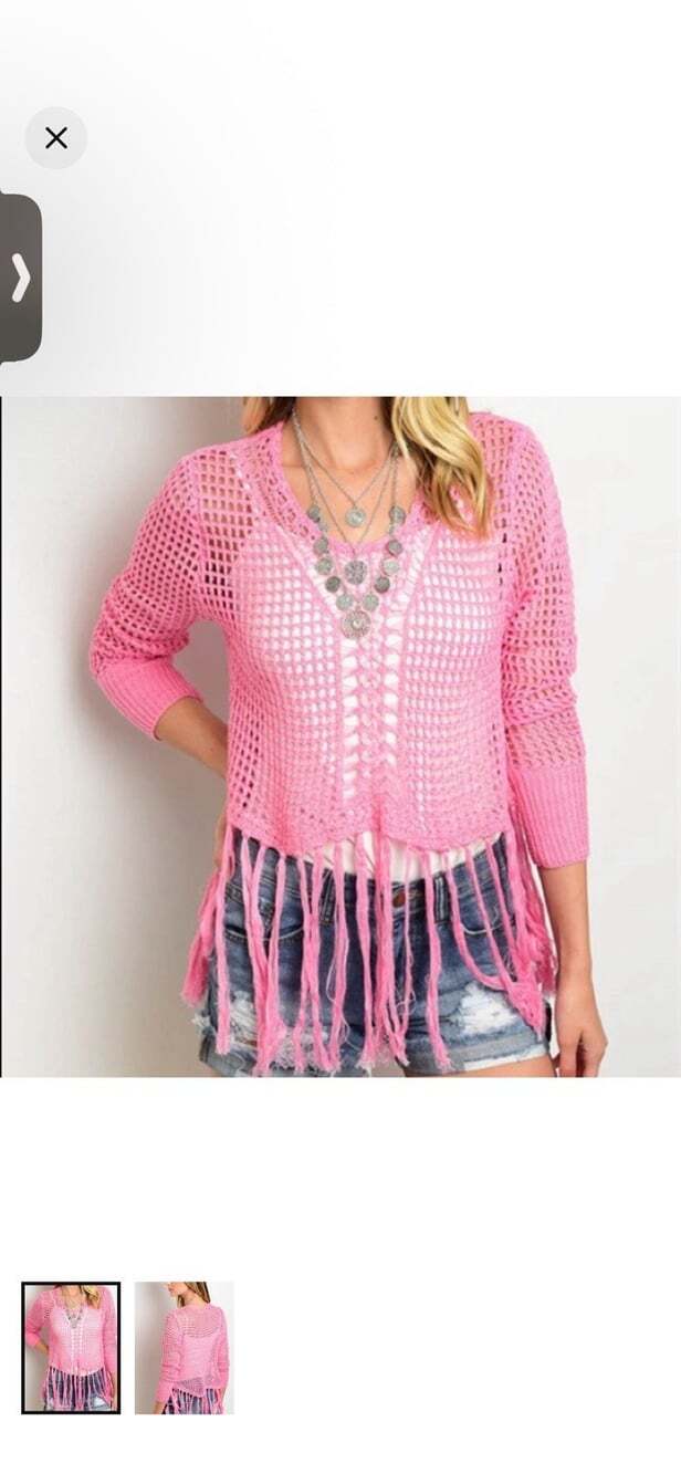 Lizette Collection Open Knit Fringe Cropped Sweater NWT Sz S Pink Boho Hippie